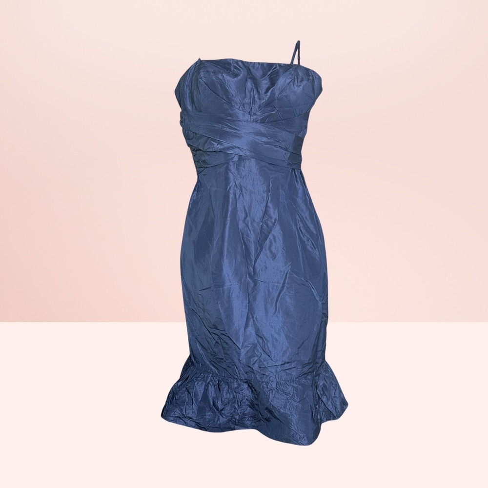 Donna Ricco 100% Silk Cocktail Dress Navy Blue Ruched Back Bow Ruffle Hem Size 2